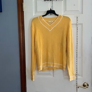 Liz golf-XL-v-neck long sleeve sweater. Bright yellow with white trim.